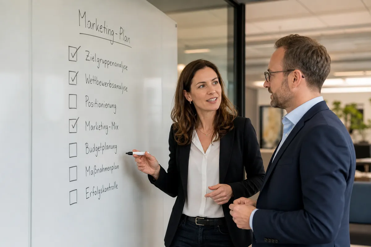 Team bespricht Checkliste an der Pinnwand